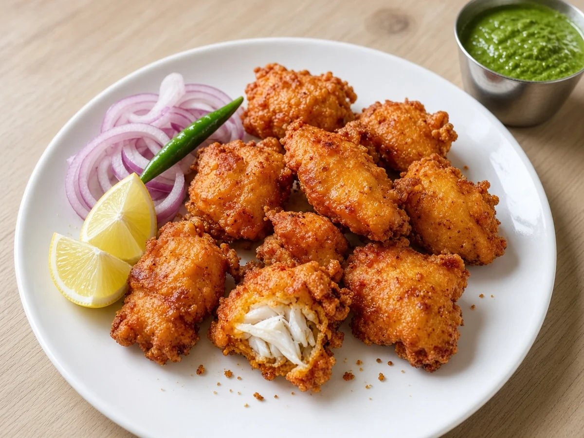 Amritsari fish: gram-flour battered fried fish with lemon, red onion, green chilli and mint chutney