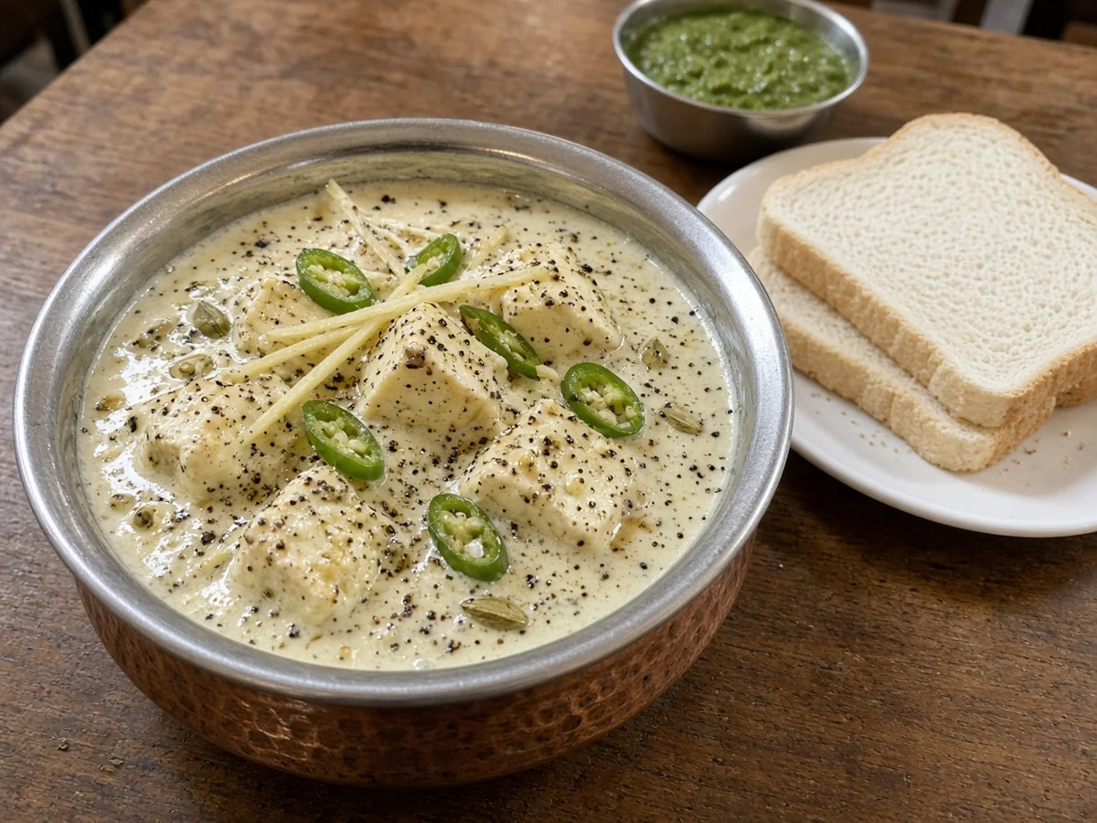Cream paneer: paneer cubes in a black-pepper cream gravy with green chilli rings, with white bread and mint chutney