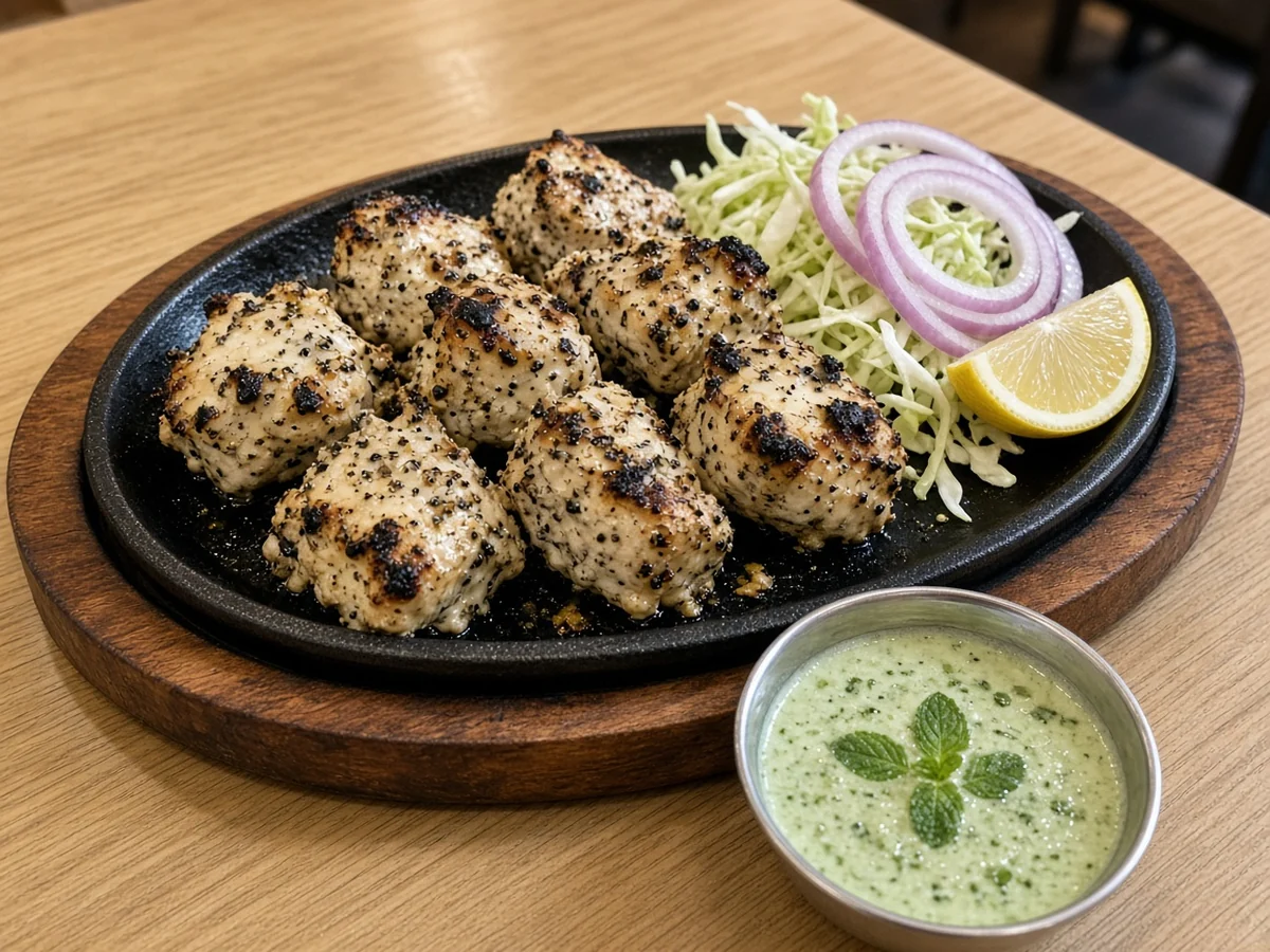 Black-pepper chicken tikka on a sizzler with onion rings, lemon and mint yogurt chutney