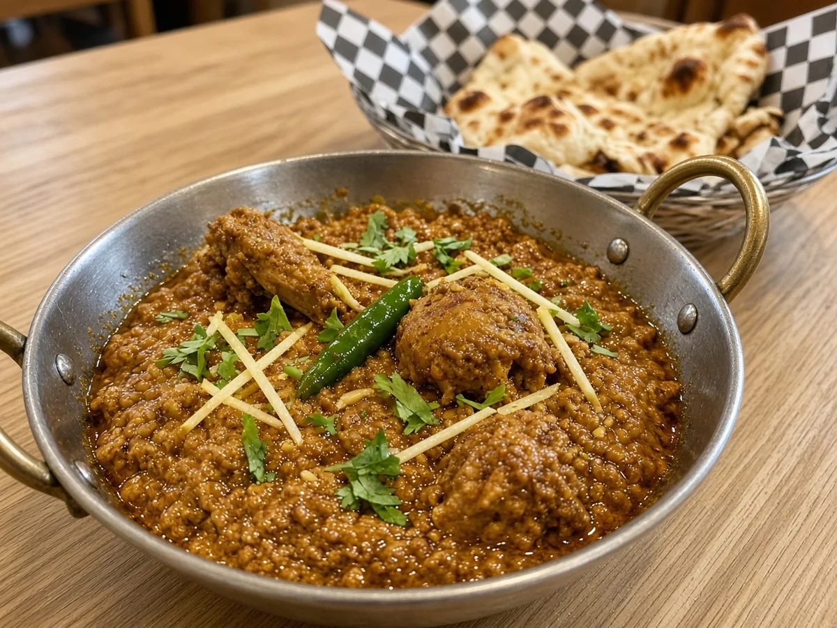Rara chicken: bone-in chicken in a thick minced-chicken masala with ginger and green chilli in a steel karahi