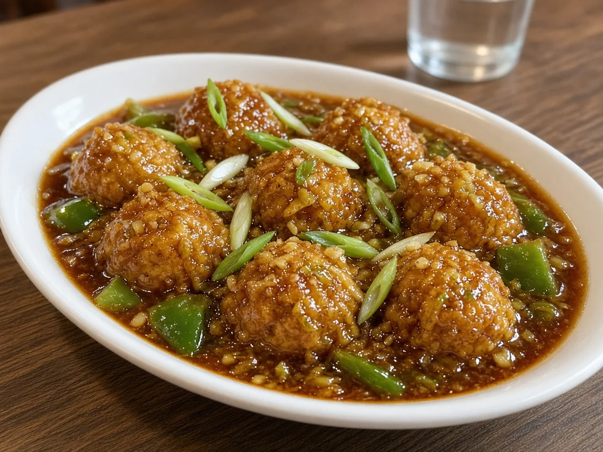 Veg Manchurian: fried vegetable balls in a glossy soy-garlic gravy with green capsicum and spring onion in a white oval dish